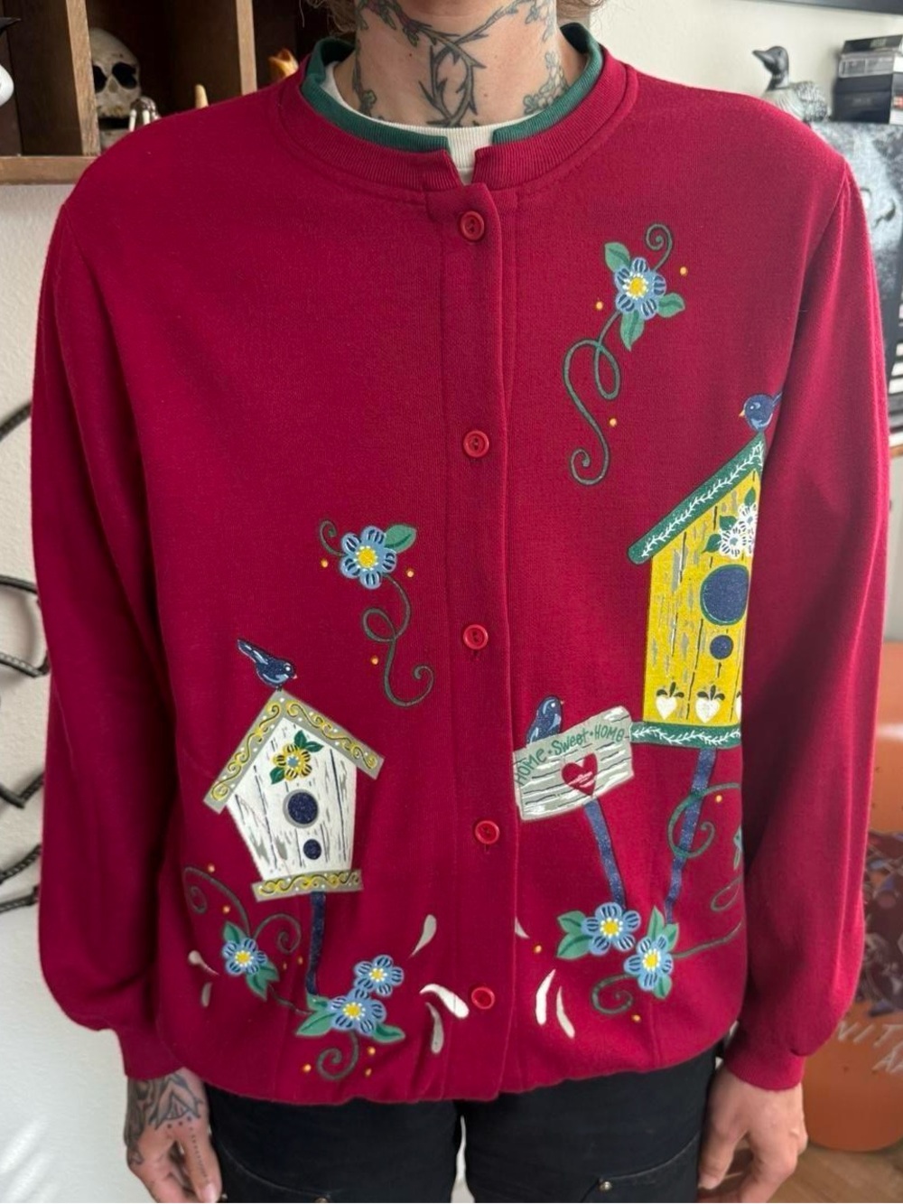 Vintage 90s Floral Birdhouses Red Cottage Cardigan Sweatshirt ~ Size Large